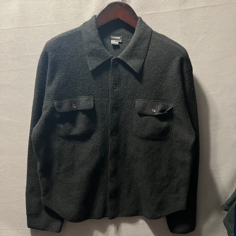 NYBASED Mens 100% Wool Button Up Shirt Jacket Black Medium Flap Pockets